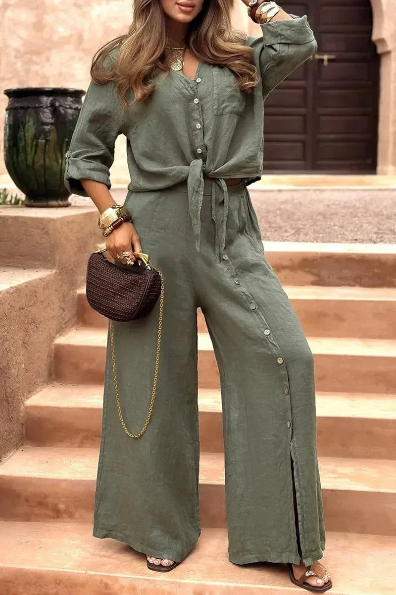Conjunto Luna em Linho Natural - Modelagem Pantalona e Tecido Respirável — Bavielo