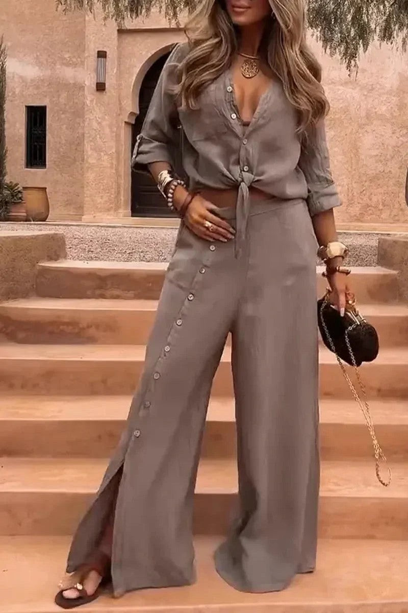 Conjunto Luna em Linho Natural - Modelagem Pantalona e Tecido Respirável — Bavielo