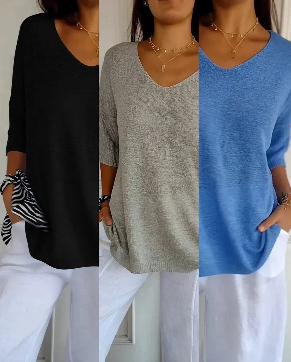 Kit 3 Blusas Luna® em Malha Leve – Decote V — Bavielo
