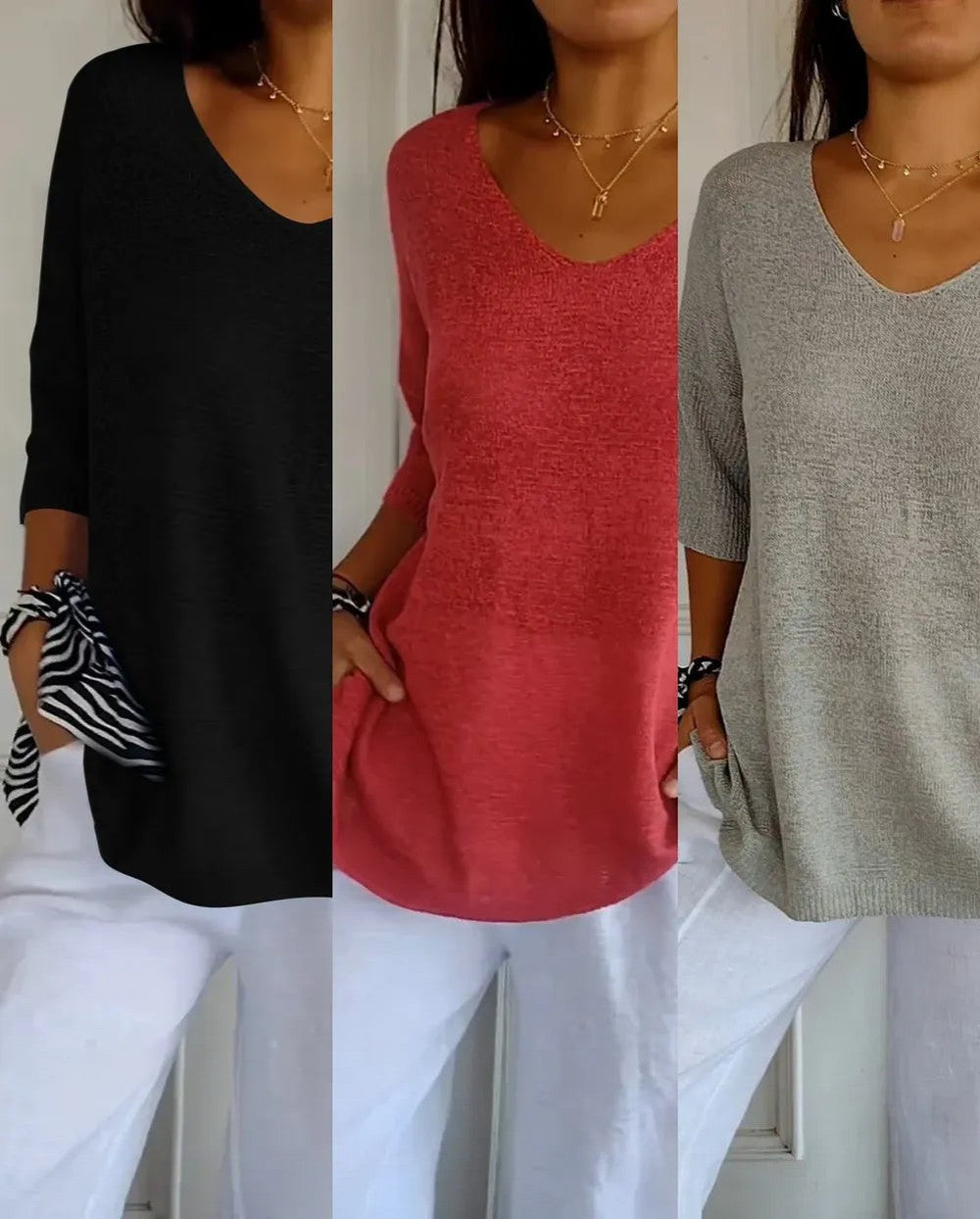 Kit 3 Blusas Luna® em Malha Leve – Decote V — Bavielo