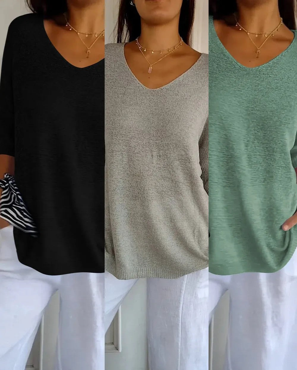 Kit 3 Blusas Luna® em Malha Leve – Decote V — Bavielo