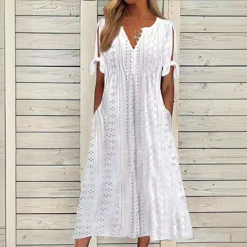 Vestido de Renda Jana - Gola em V de Manga Curta (Verão 2026) — Bavielo