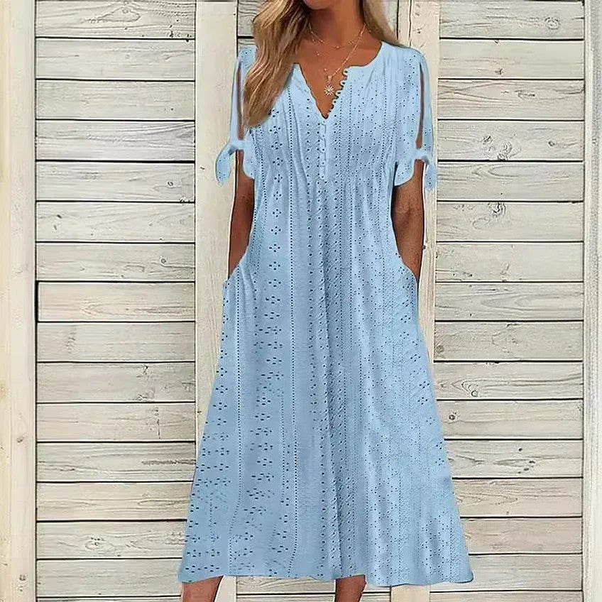 Vestido de Renda Jana - Gola em V de Manga Curta (Verão 2026) — Bavielo