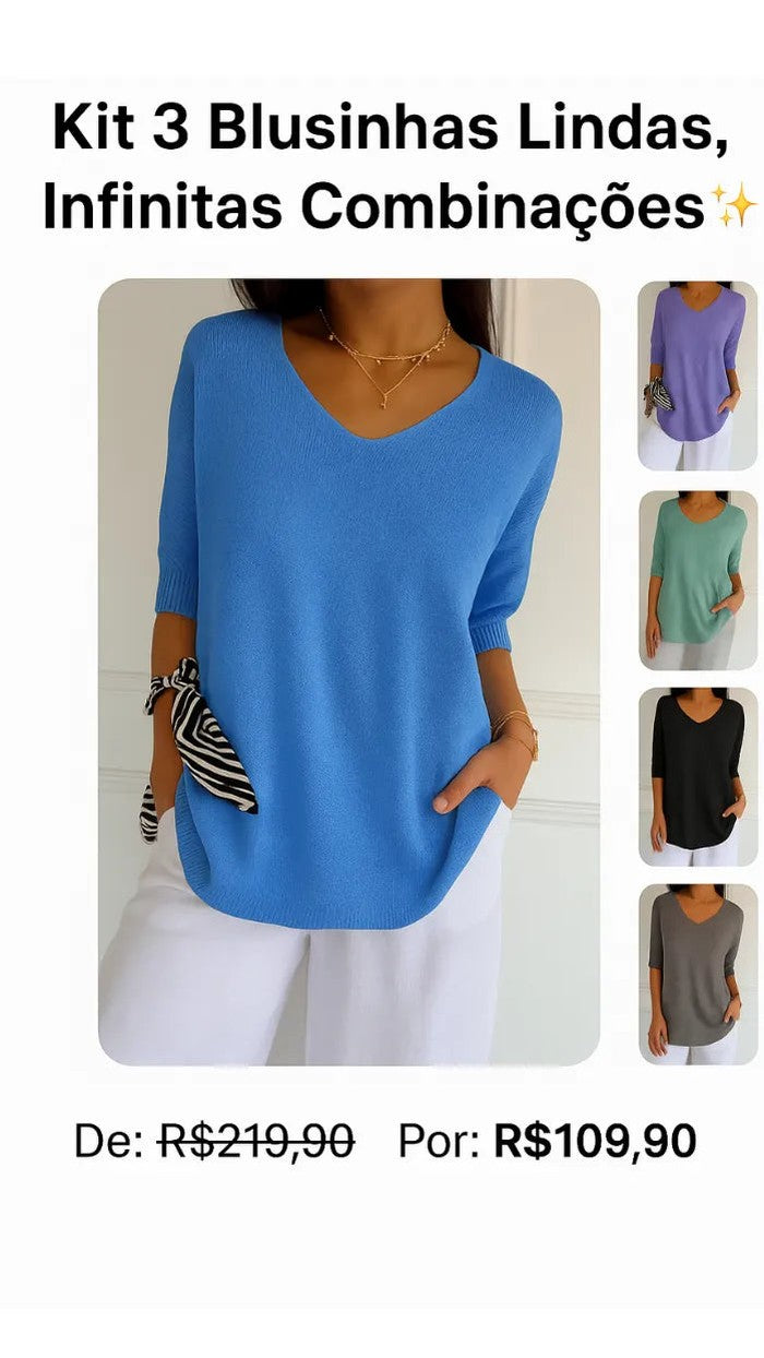 Kit 3 Blusas Luna® em Malha Leve – Decote V — Bavielo