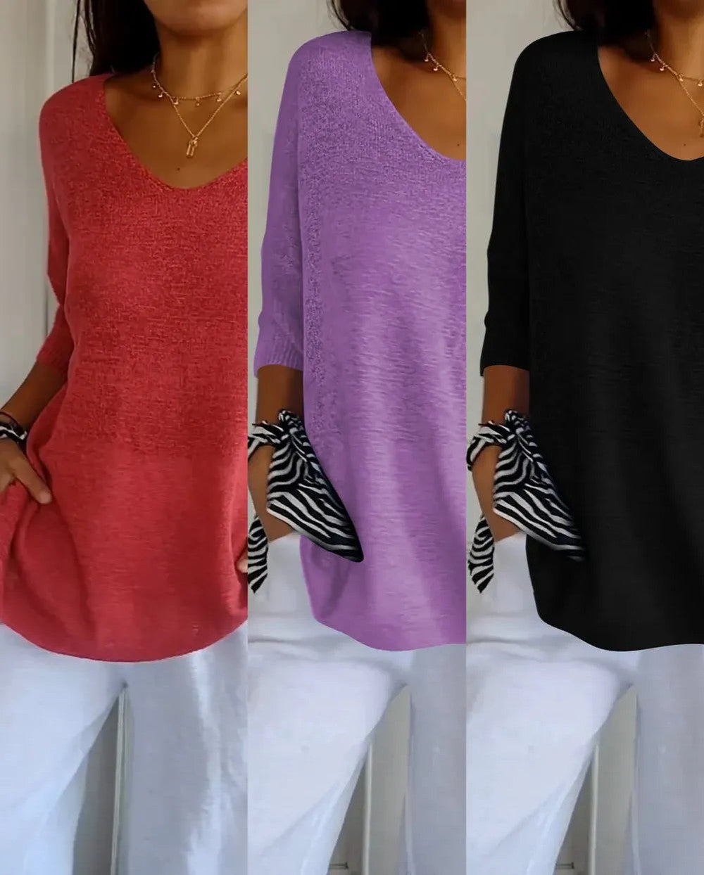 Kit 3 Blusas Luna® em Malha Leve – Decote V — Bavielo