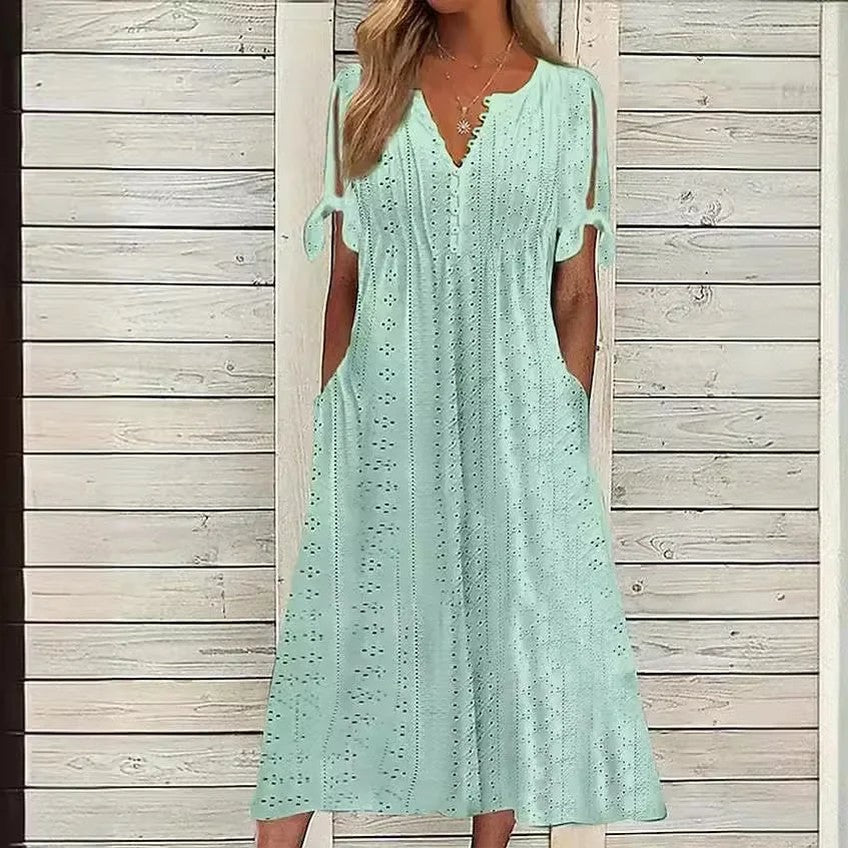 Vestido de Renda Jana - Gola em V de Manga Curta (Verão 2026) — Bavielo
