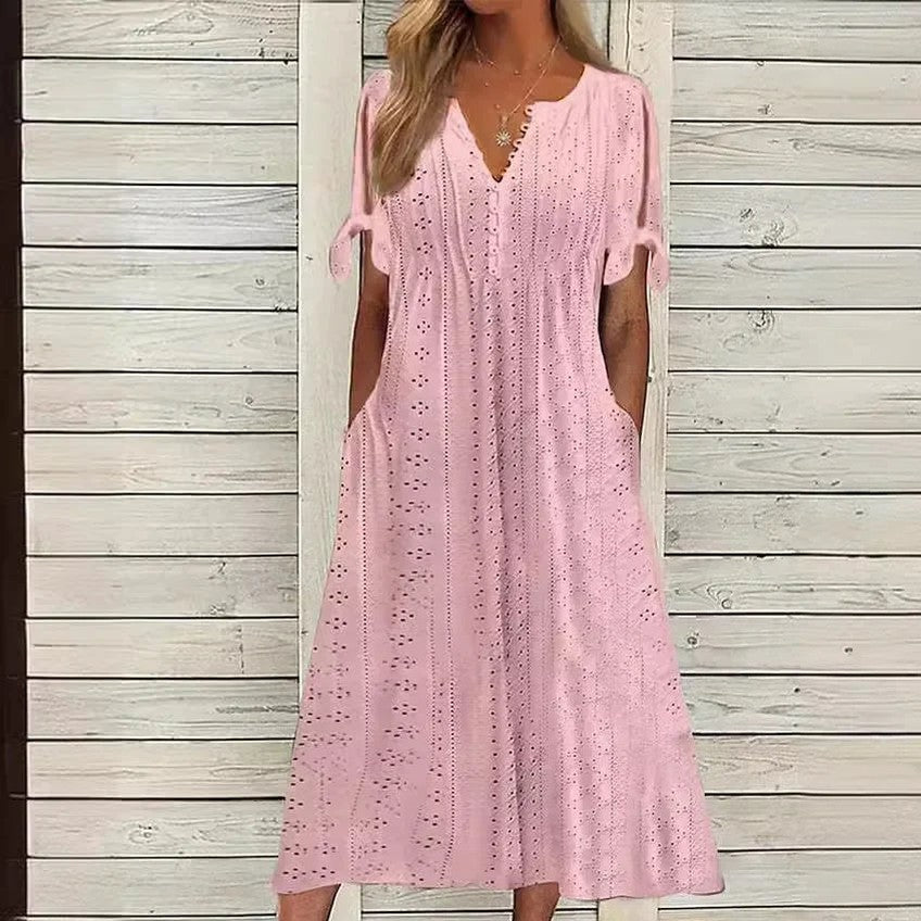 Vestido de Renda Jana - Gola em V de Manga Curta (Verão 2026) — Bavielo